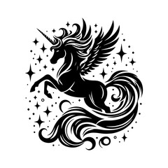 Unicorn silhouette vector, Magic unicorn silhouette, Stylish icons, vintage, background, horse tattoo. Hand-drawn unicorn vector illustration