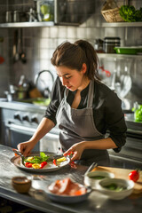 A woman is cooking in a kitchen with a lot of utensils and ingredients