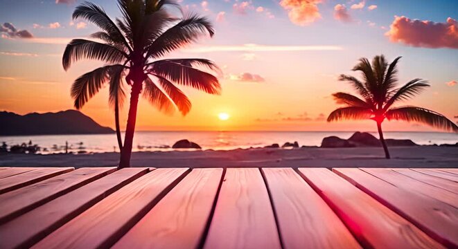 Empty wooden table on tropical beach background