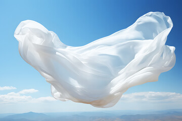 Fabric pale thin white in air or flying floating place on clear sky floating above mountain peak and cloud is background. Realistic clipart template pattern. Background Abstract Textured.