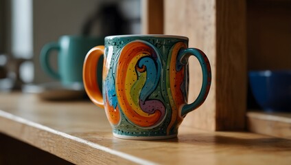 Fototapeta premium The story behind a vibrant, multicolored mug sitting on a kitchen shelf ai_generated