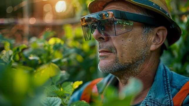 Modern Agriculture: Farmer Using Augmented Reality Glasses to Optimize Crop Irrigation