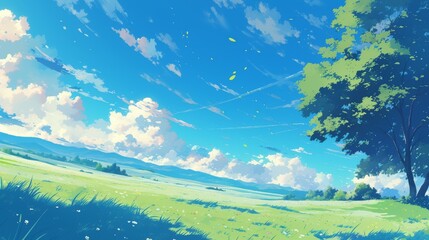 Fototapeta premium Anime-Style Landscape With Blue Skies and Green Fields