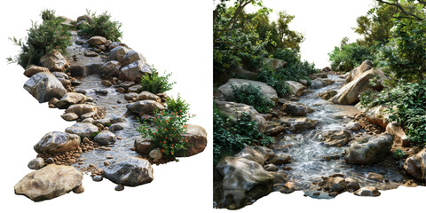 Clear Jungle Stream winding Through Rocks Isolated on Transparent or White Background, PNG