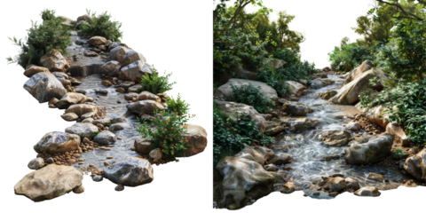 Clear Jungle Stream winding Through Rocks Isolated on Transparent or White Background, PNG