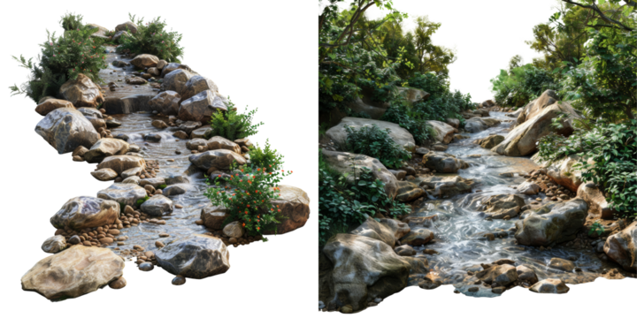 Clear Jungle Stream winding Through Rocks Isolated on Transparent or White Background, PNG
