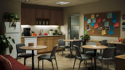An office break room with a small kitchenette