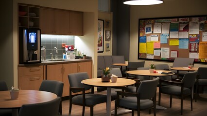 An office break room with a small kitchenette