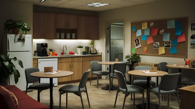 An office break room with a small kitchenette
