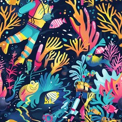 Obraz premium Deep sea diver exploring a vibrant coral reef, surrounded by exotic marine life, capturing the essence of underwater exploration and conservation