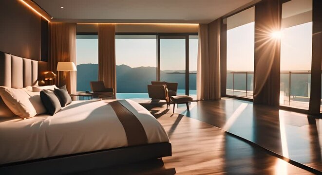 A modern luxury hotel room with a swimming pool