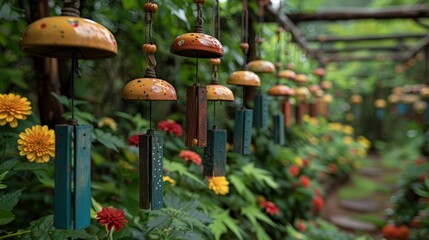 The image shows a beautiful garden with a path. The path is lined with colorful flowers and wind chimes.