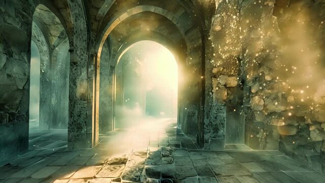 A Shakespearean play comes to life as the set transforms into a medieval castle complete with ramparts arches and swirling mist all created through augmented reality.