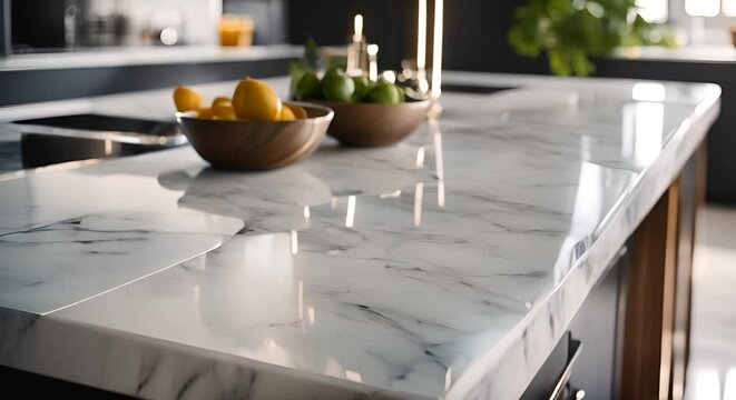 A white marble table in the modern kitchen interior	
