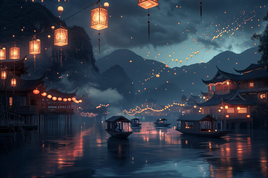 Festive Lanterns overhead, glowing in the night sky above an ancient Chinese river with wooden boats and lanternlit buildings