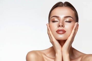 Beautiful woman touching her face with beautiful skin, young girl model touching neck, spa or cosmetics advertisement, beauty concept, cosmetic concept, skin medical beauty concept