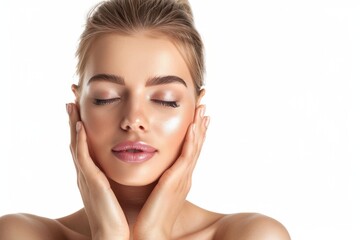 Fototapeta premium Beautiful woman touching her face with beautiful skin, young girl model touching neck, spa or cosmetics advertisement, beauty concept, cosmetic concept, skin medical beauty concept