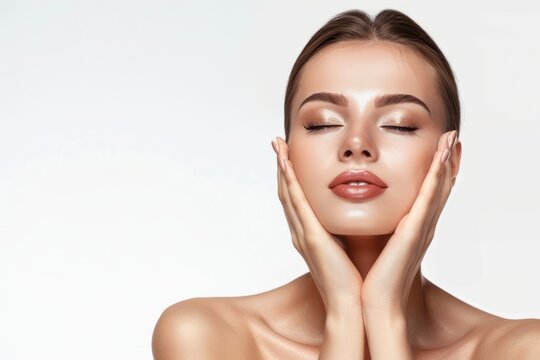 Beautiful woman touching her face with beautiful skin, young girl model touching neck, spa or cosmetics advertisement, beauty concept, cosmetic concept, skin medical beauty concept