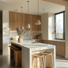 Sleek Minimalist Kitchen with an Island Counter: Modern and Functional