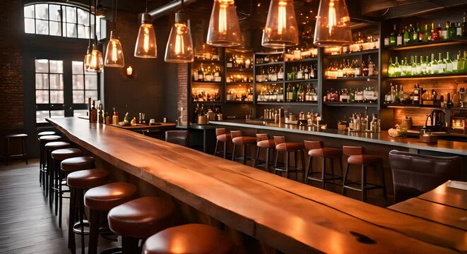 Modern bar interior with wooden tables and brick walls in an industrial style