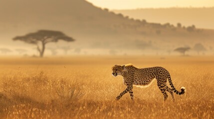 Obraz premium A cheetah is walking across a dry grass field, with a tree and a hill visible in the distance against a foggy sky backdrop.