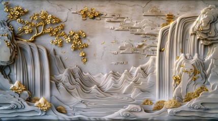 A concrete wall is adorned with volumetric stucco molding featuring golden elements, depicting a serene Japanese landscape complete with waterfalls, mountains, and cherry blossoms.