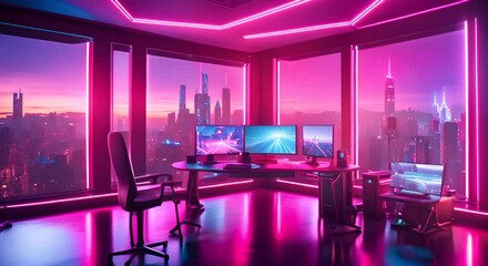 Cyberpunk gamer workspace with computer on desk