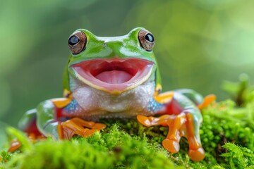 Frog with open mouth sitting on mossy branch with tongue sticking out in nature wildlife scene