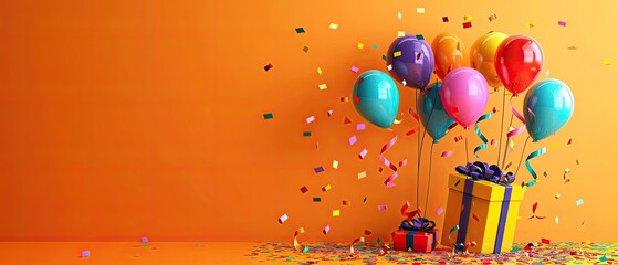 Colorful balloons and gift boxes with confetti on an orange background, creating a festive celebration and party atmosphere.