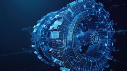 Obraz premium A vector wireframe illustration of a gear is depicted against a dark blue background, symbolizing mechanical technology, machine engineering, and project development.