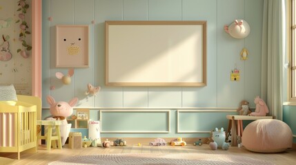 Mock-up frame placed within the interior of a children's room, depicted in a 3D render.