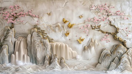 The concrete wall is adorned with volumetric stucco molding featuring golden elements, depicting a serene Japanese landscape complete with waterfalls, mountains, and blossoming sakura trees.