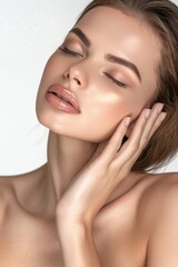 Beautiful woman touching her face with beautiful skin, young girl model touching neck, spa or cosmetics advertisement, beauty concept, cosmetic concept, skin medical beauty concept