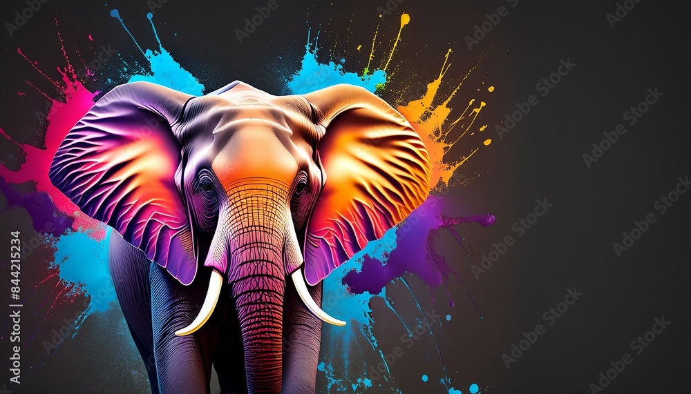 Wall mural zebra crossing the road, wallpaper elephant at sunset, person in the night, art-inspired image of Elephant set on a black backdrop and with splashes of neon paint