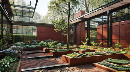 Fototapeta premium Modern luxury suburban house with rich ruby red walls and high glass ceilings, featuring a garden with a series of terraced planters.