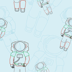 Editable Outline Style Astronaut on Space Vector Illustration as Seamless Pattern for Creating Background of Space Science Related Design