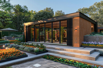 Modern luxury suburban house with burnt sienna walls and accordion glass doors, surrounded by a garden with terraced flower beds.