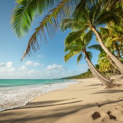 Fototapeta premium A serene beach with palm trees swaying in the breeze. Generative AI