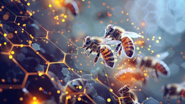 honey bees Digital futuristic wireframe polygon illustration