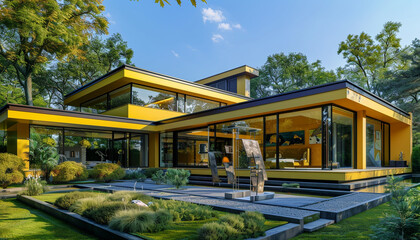 Modern luxury suburban house with mustard yellow walls and large glass panes, surrounded by a garden with a modern art installation.