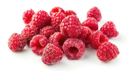 Fresh delectable top grade raspberries showcased on a white background