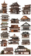 Illustration of Traditional Japanese Pagodas and Houses
