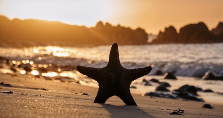 sea star on sunrise time beach, with a blurred landscape background