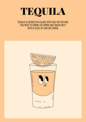 Groovy character tequila. Retro poster with popular alcoholic cocktail and its ingredients. Vintage vector illustration in 70s, 80s style