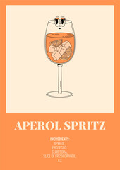 Groovy character Aperol spritz. Retro poster with popular alcoholic cocktail and its ingredients. Vintage vector illustration in 70s, 80s style