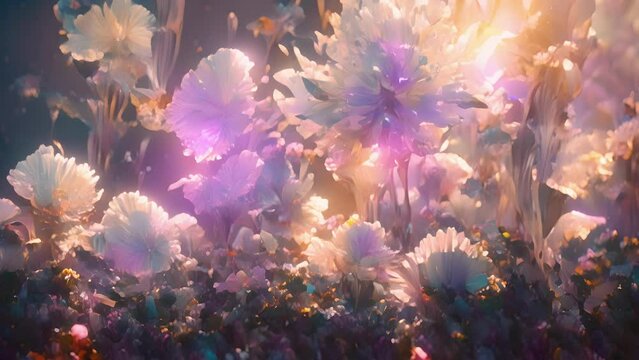 An intergalactic garden b with delicate spaceage symbiotic corals that shimmer in the cosmic breeze.