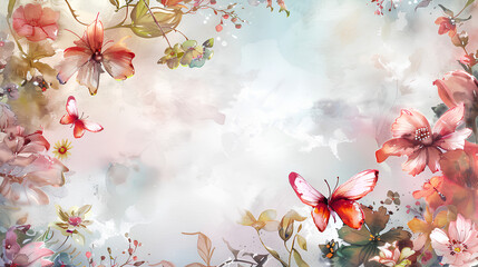 An illustration set depicting a flower frame surrounded by fairies in watercolor