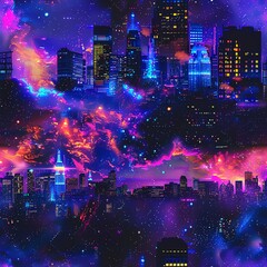 Fototapeta premium Night sky transformed into a neon galaxy above a cityscape, with bright, colorful constellations and glowing nebulae, ideal for futuristic event posters and travel magazine covers