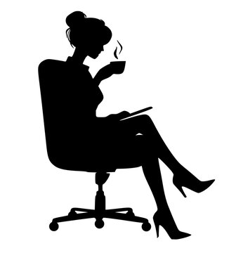 recommend clip art: Silhouette of person sitting on office chair, woman relax  drink coffee and reading on chair