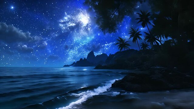 A hidden bay where the waters shimmer with an electric blue tone under the starlit sky the perfect spot to witness the plasmatic ocean come to life.